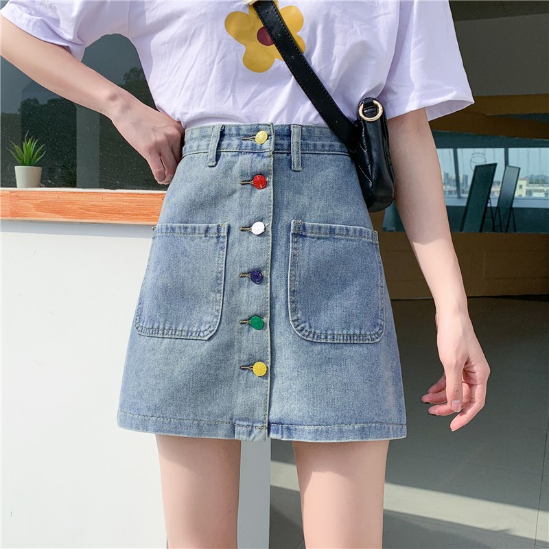 [ Mã 12FASHIONSALE1 giảm 10K đơn 50K ] Chân Chân Váy Denim Lưng Cao Dáng Chữ A Phối Nút Nhiều Màu Xinh Xắn