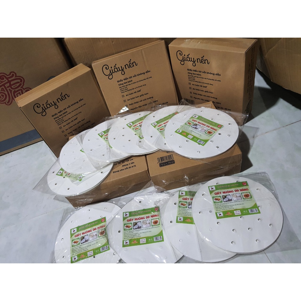 (Xấp 100 tờ) Giấy nến đục lỗ tròn cho nồi chiên không dầu/ nồi hấp đường kính 23cm