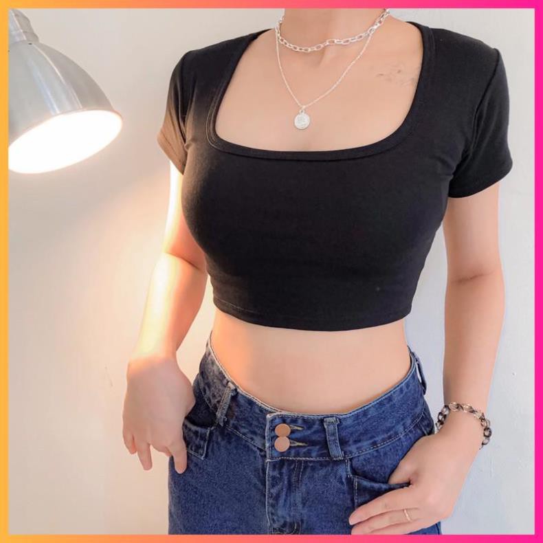 Áo Basic Croptop cổ U, Áo crotop thun body hack eo - MOONMY