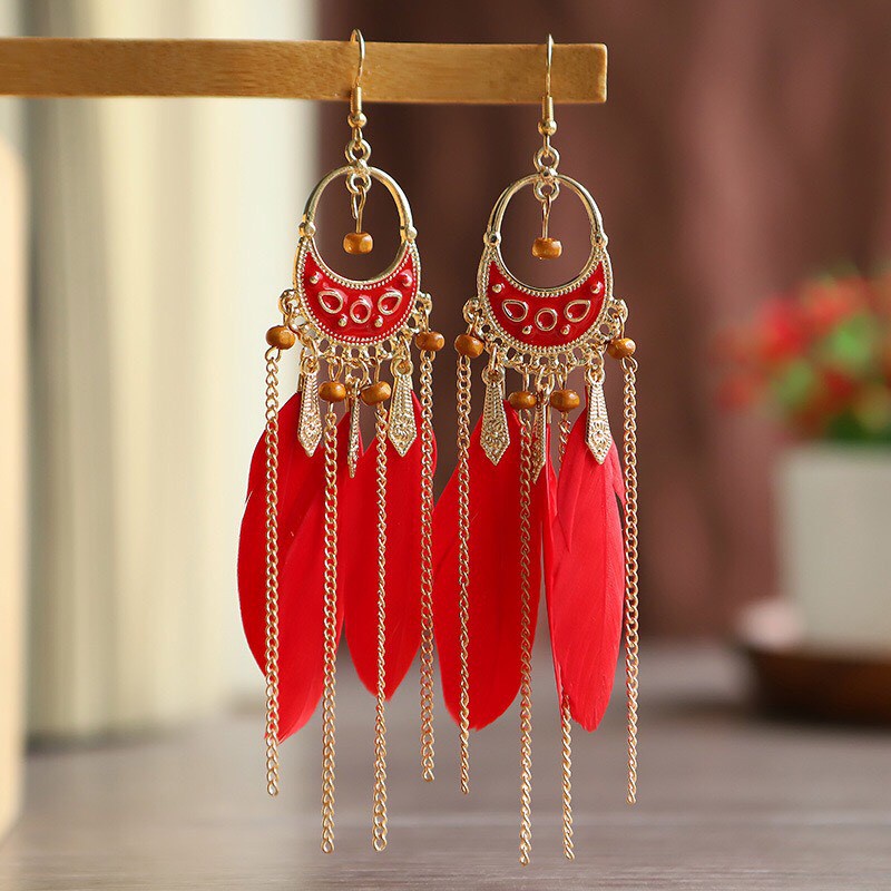 Khuyên tai lông vũ dài hoa tai boho nữ thời trang phong cách cổ điển dân tộc - Mã HT054