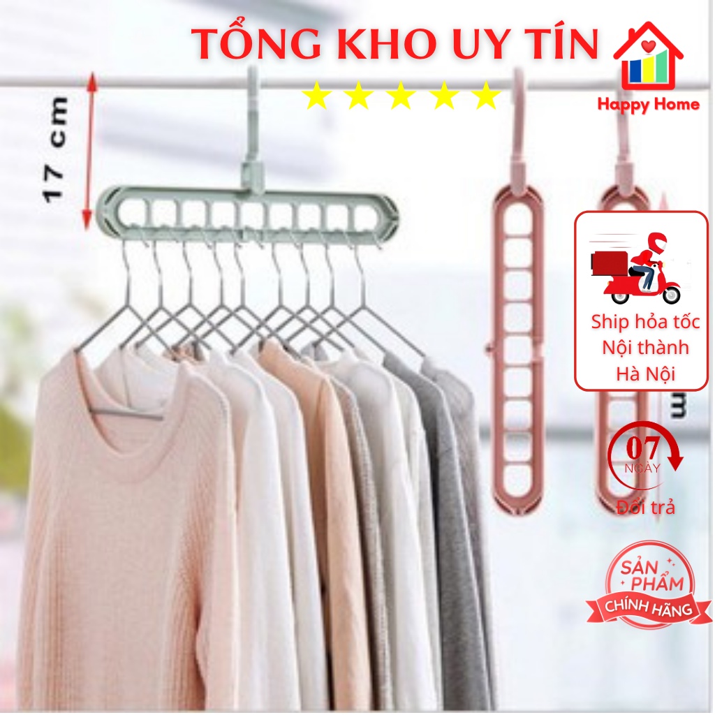 Móc treo đồ quần áo 9 lỗ thông minh xoay 360 độ siêu tiết kiệm không gian, Thanh treo nhiều áo Happy Home