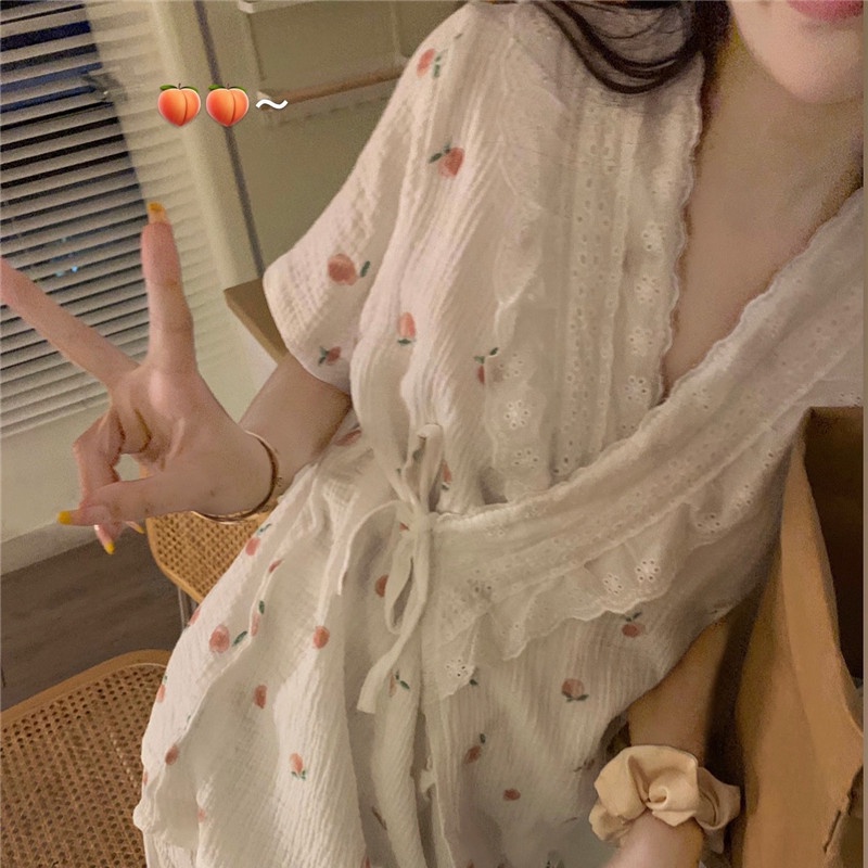 ✡Đồ Ngủ Kimono✡Bộ Đồ Ngủ Tay Ngắn Dáng Rộng In Họa Tiết Quả Đào Dễ Thương Thời Trang Mùa Hè 2022