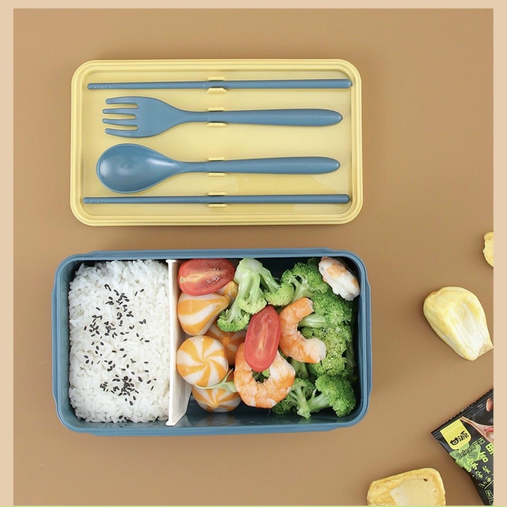 Hộp Cơm Văn Phòng 2 Ngăn - Nhựa / Cơm - Tặng Kèm Muỗng Đũa - Lò Vi Sóng