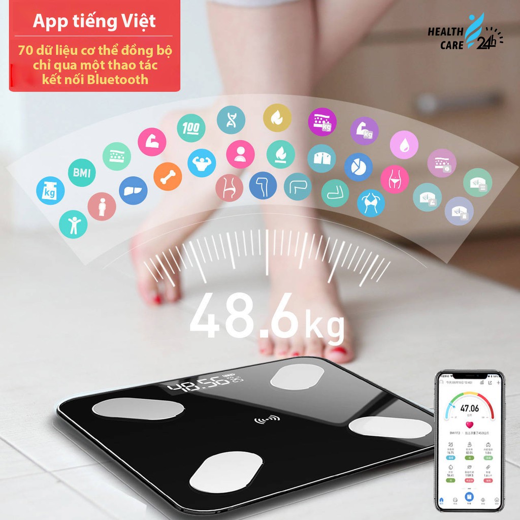 Cân điện tử đo chỉ số sức khỏe kết nối Bluetooth thông minh Healthcare24h A002, phân tích lượng mỡ qua app tiếng Việt