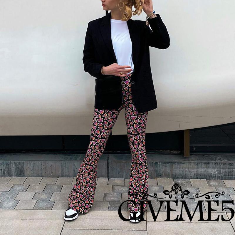 Quần Dài Ống Loe Lưng Cao In Họa Tiết Trái Tim Thời Trang Cho Nữ