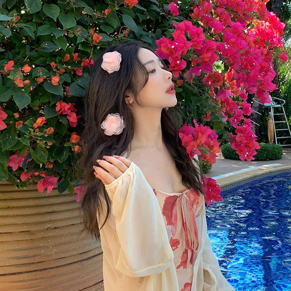NICKOLAS Kẹp Tóc Hình Hoa Trà Phối Ren Xinh Xắn Thời Trang Cho Bé Gái