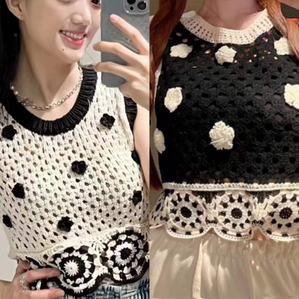 SUXI Áo Dệt Kim Sát Nách Cổ Chữ V Phong Cách Boho Cổ Điển