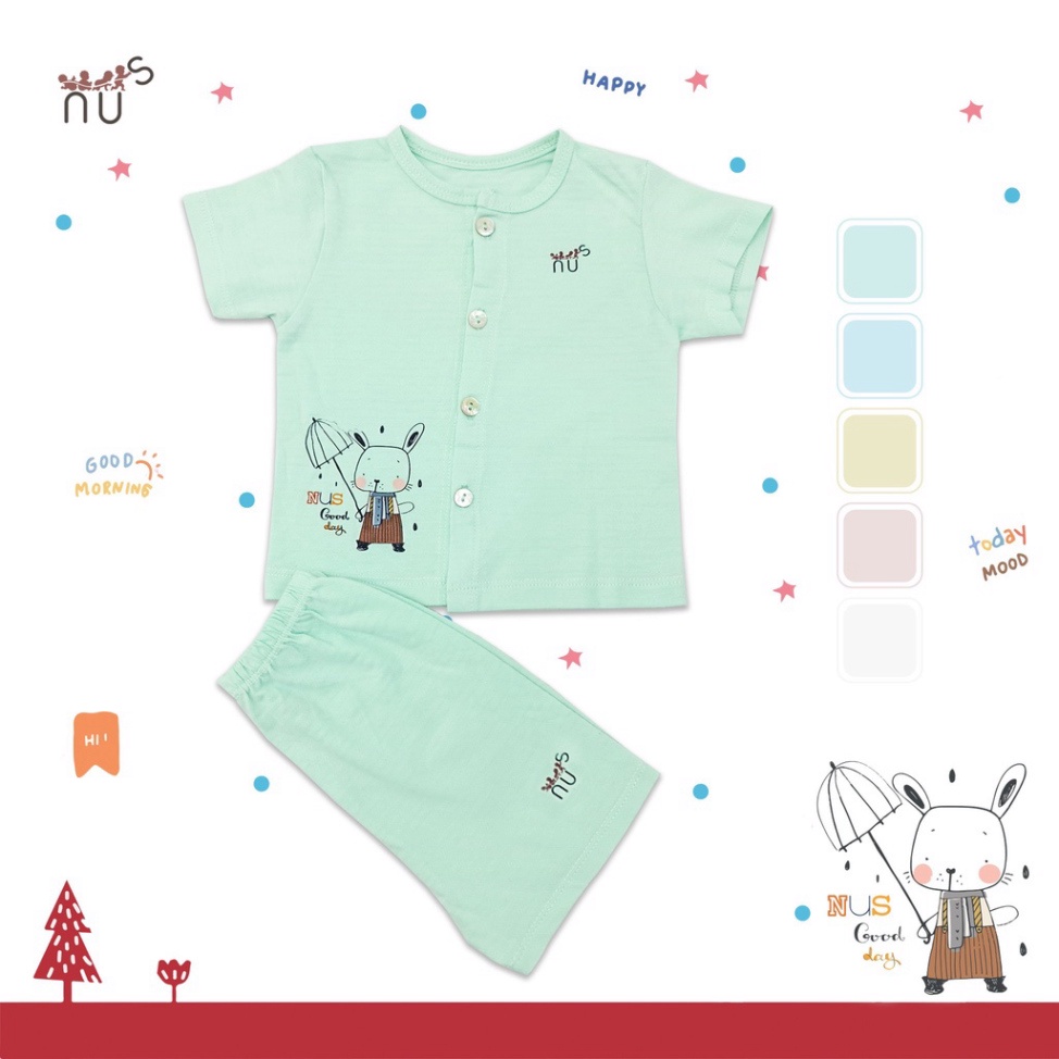 Bộ quần áo cộc tay cho bé cài thẳng họa tiết chuột che dù mềm mịn, dễ thương nhà NUS cho bé dưới 20kg