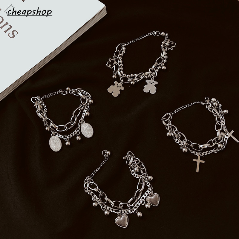 iF YOU Vòng Tay Bạc Nhiều Lớp Mặt Hình Gấu Và Trái Tim Phong Cách Hàn Quốc Cá Tính