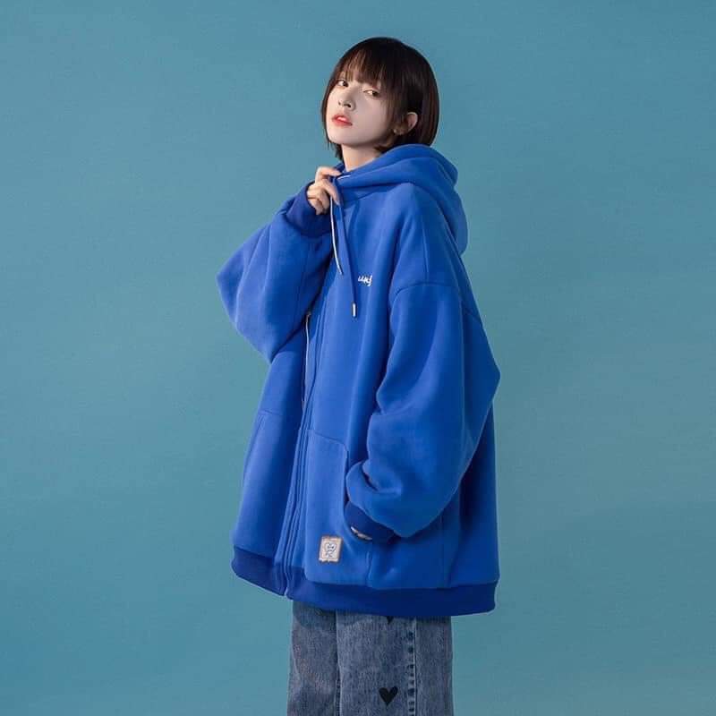 Áo hoodie zip màu xanh cô ban in mac logo from thụng cho nam nữ