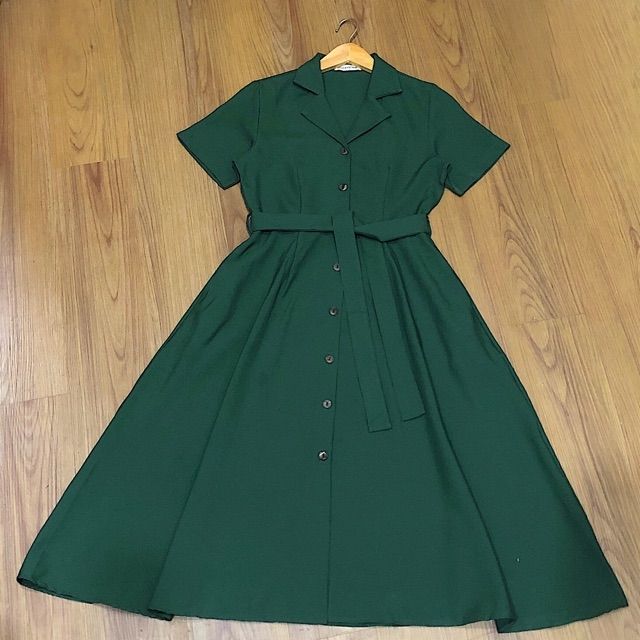 Đầm Nữ Sơ Mi Xanh Rêu Thắt Eo