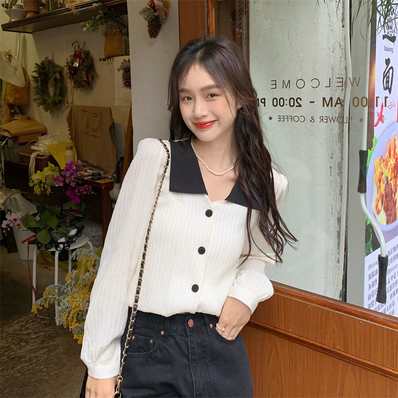 Áo Sơ Mi Tay Dài Cổ Búp Bê Chắp Vá Màu Sắc Tương Phản Thời Trang Mùa Thu Dành Cho Nữ