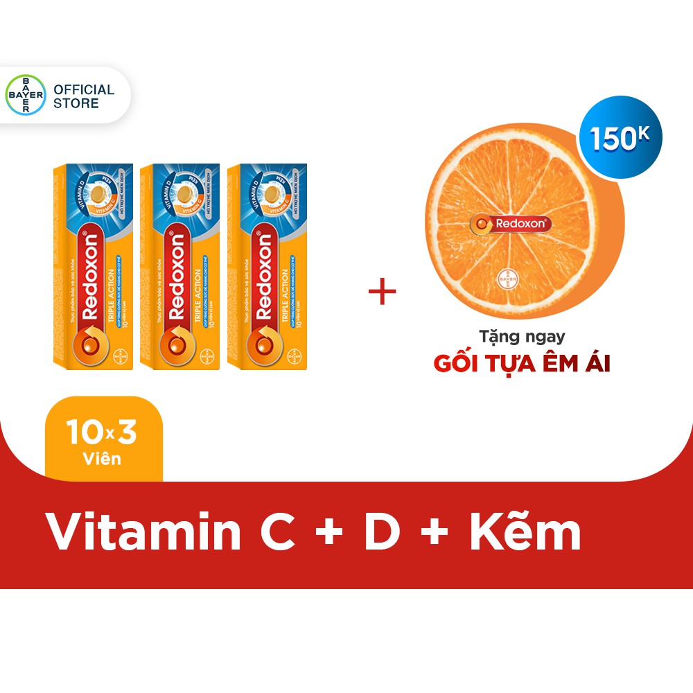 Bộ 3 Hộp Viên Sủi Bổ Sung Vitamin C, D, Và Kẽm Redoxon Triple Action 10 Viên/Hộp + Tặng Gối Hình Quả Cam