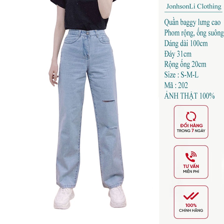 Quần baggy jean nữ cao cấp JohnsonLi , lưng cao,màu xanh jean bạc cắt rách nhiều, quần jean nữ  JL202