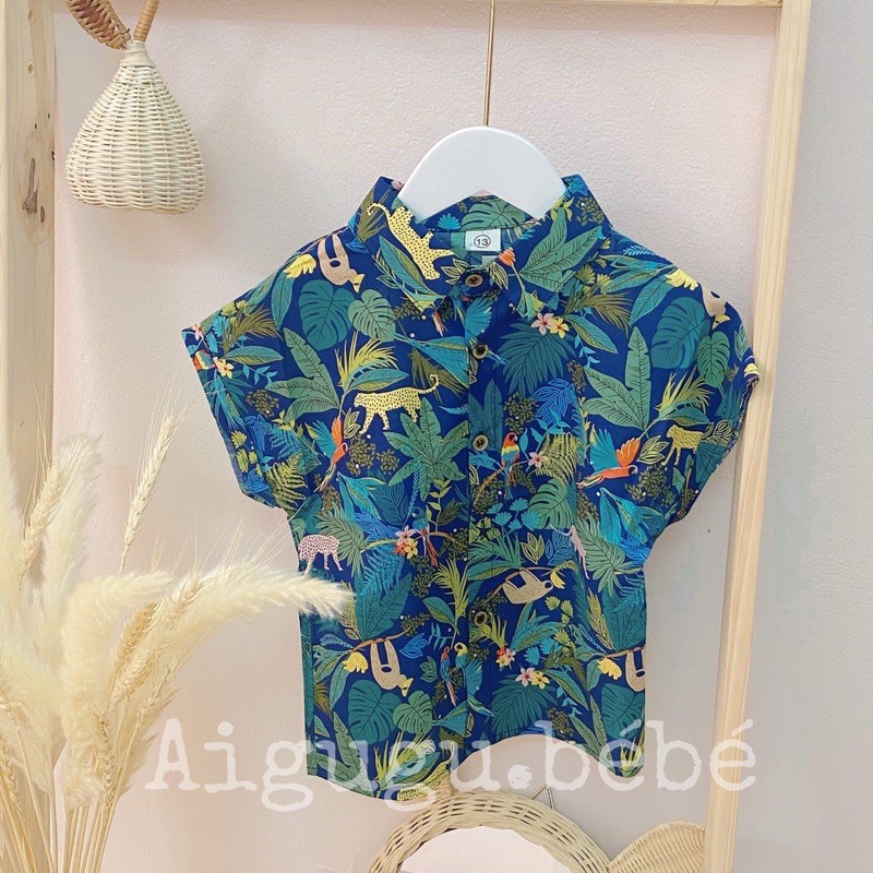 Áo Sơ Mi Cộc Tay Hoạ Tiết Rừng Cây(Xanh Đậm ) Cho Bé Trai - AIGUGU.BÉBÉ