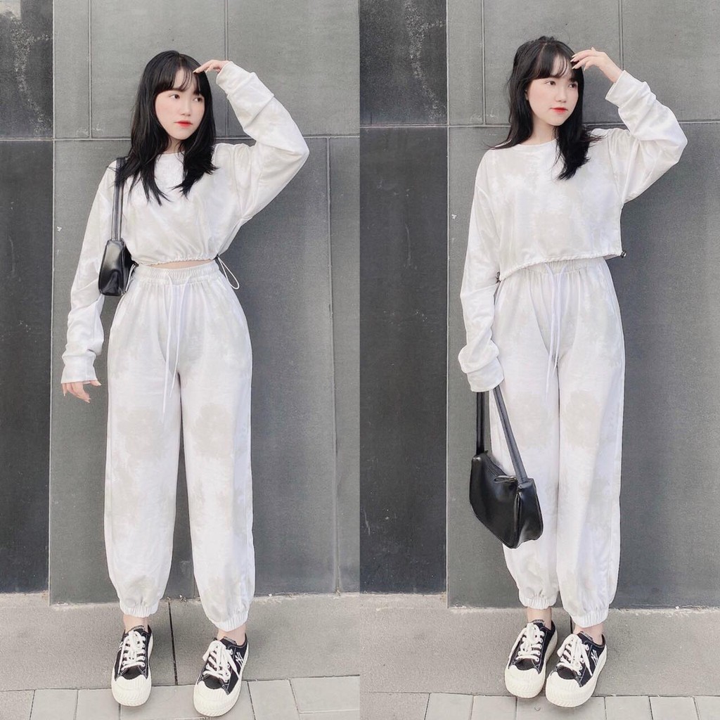 Set Bộ Áo Croptop Dây Rút Loang Màu Tay Dài Phối Quần Jogger 3D Ulzzang Dáng Rộng - MM