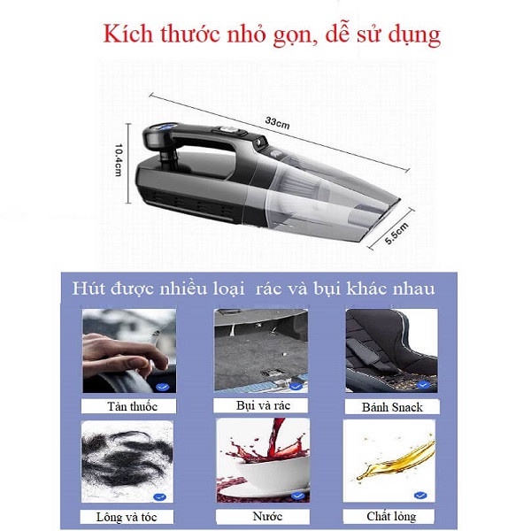 Máy hút bụi ô tô cầm tay đa năng 4 in 1. Hút bụi, bơm lốp, đo áp suất lốp, đèn pin. Bảo hành 2 năm trên toàn quốc