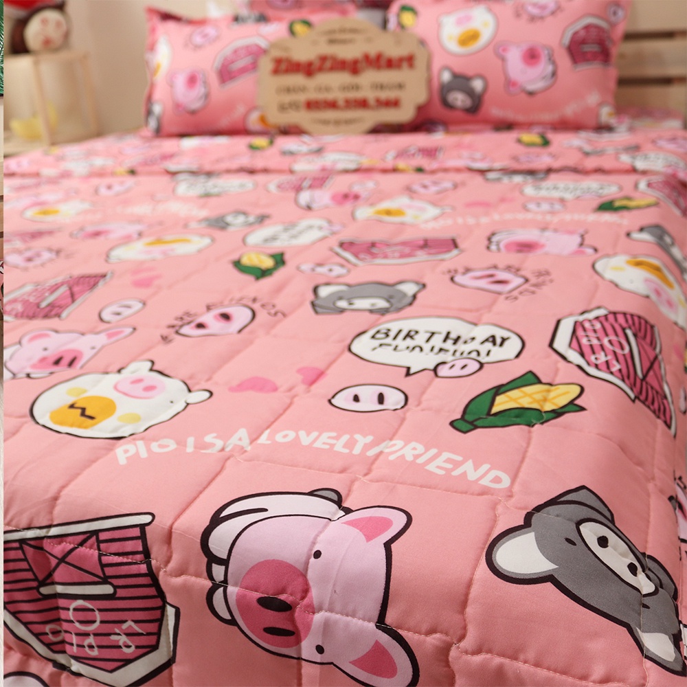 Sét 5 Món Chăn Hè Cotton Poly Mẫu Heo Hồng - (1ga, 1 chăn hè, 2 vỏ gối nằm, 1 vỏ gối ôm) Kích thước M2/M6/M8/2M2