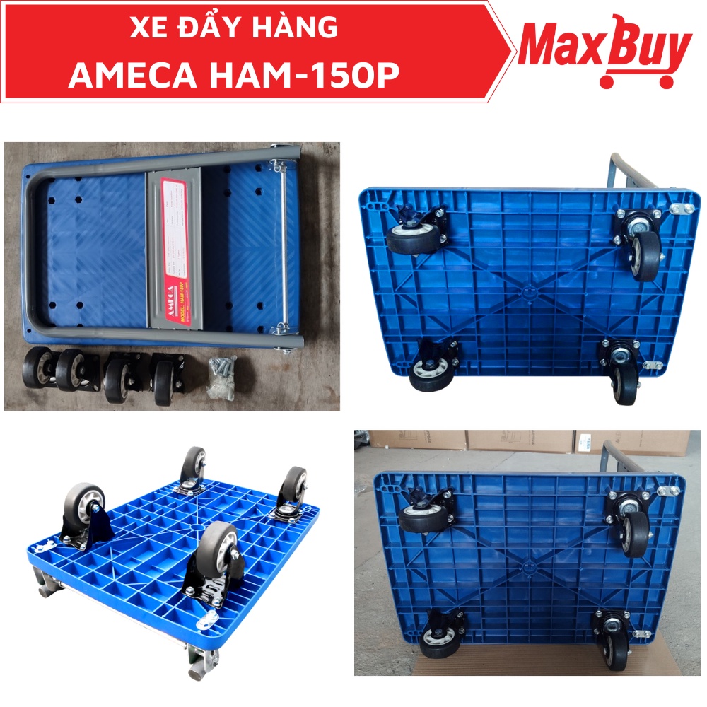 Xe đẩy hàng kéo hàng 4 bánh đa năng AMECA HAM-150P sàn nhựa gấp gọn tải trọng 150kg, có bánh xoay 360 độ