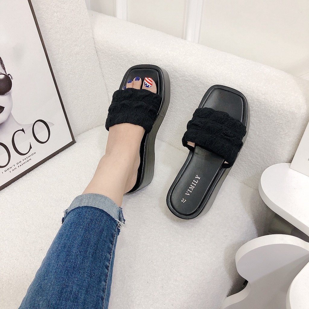 Dép Xuồng Đế Bánh Mỳ 7p Quai Ngang Nhúm Mẫu Siêu HOT Lên Chân Cực Xinh - 2 Màu Đen Trắng Chị Chảnh Store