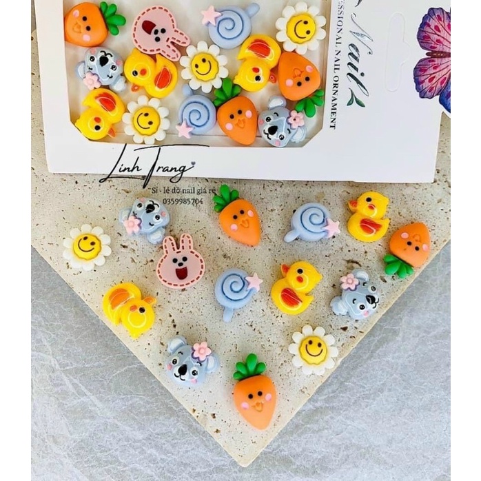 Set charm mix gấu, thỏ, nơ, trái tim phụ kiện nail đính móng, trang trí móng tay cao cấp
