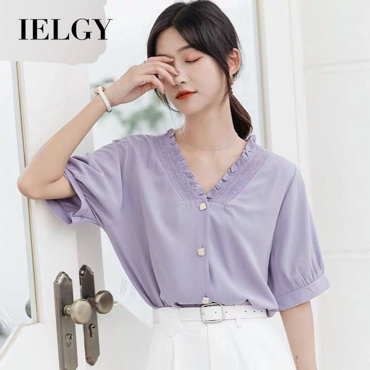 Áo Sơ Mi Voan Cổ Chữ V In Họa Tiết Hoa Oải Hương Phong Cách retro Pháp Dành Cho Nữ