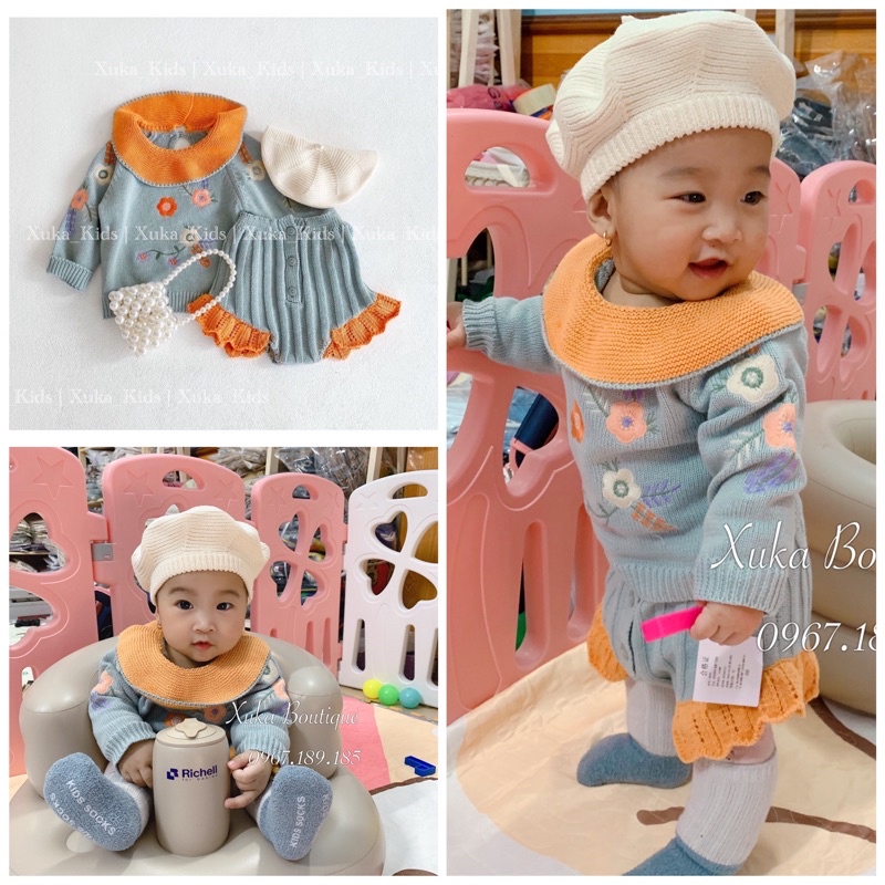 Set Len thêu hoa Cao cấp bé gái cực hot | Chất len dày dặn đanh mịn [Hình ảnh, video Thật]