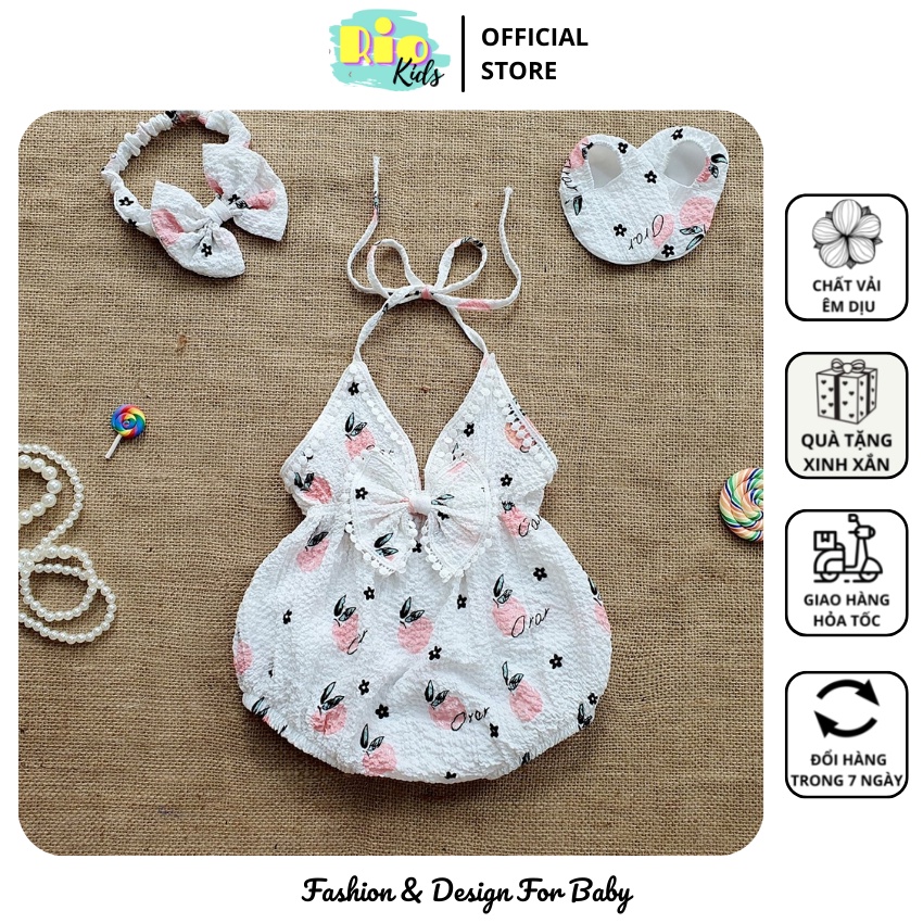 Body chíp yếm dây trái đào đáng yêu cho bé gái sơ sinh -12kg có thể làm đồ bơi đi biển - Riokids BD69