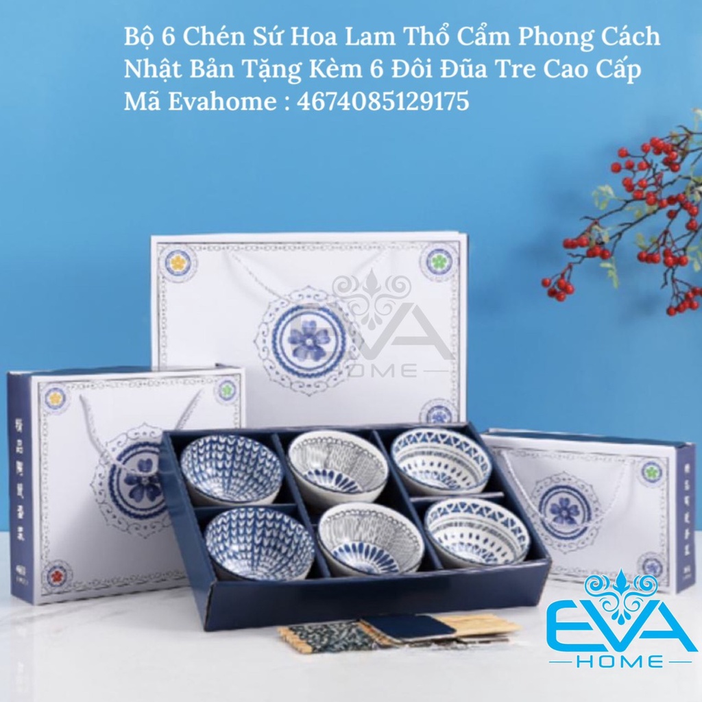 Bộ 6 Chén Sứ Hoạ Tiết Hoa Văn Phong Cách Nhật Sang Trọng Tặng Kèm 6 Đũa Hoá Cao Cấp
