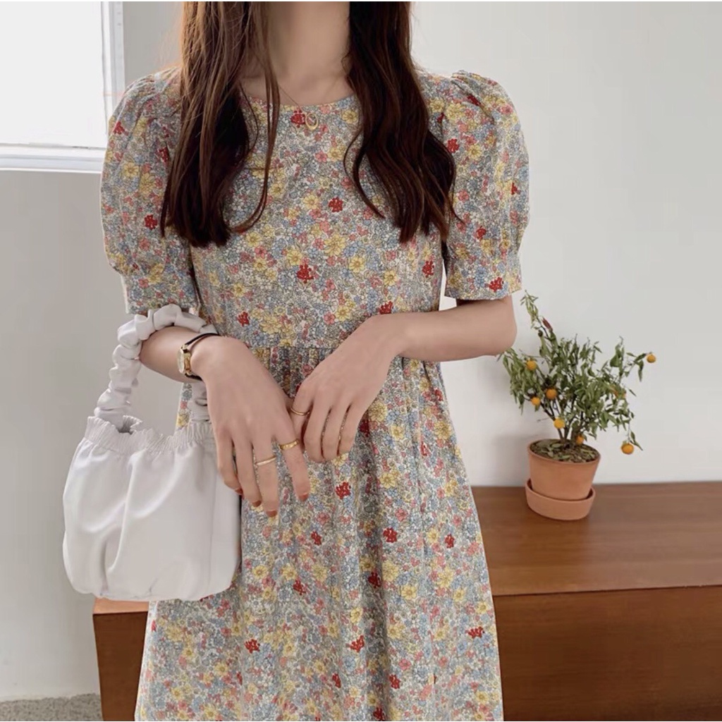 Đầm - Váy babydoll hoa nhí tay bồng chất thô siêu xinh