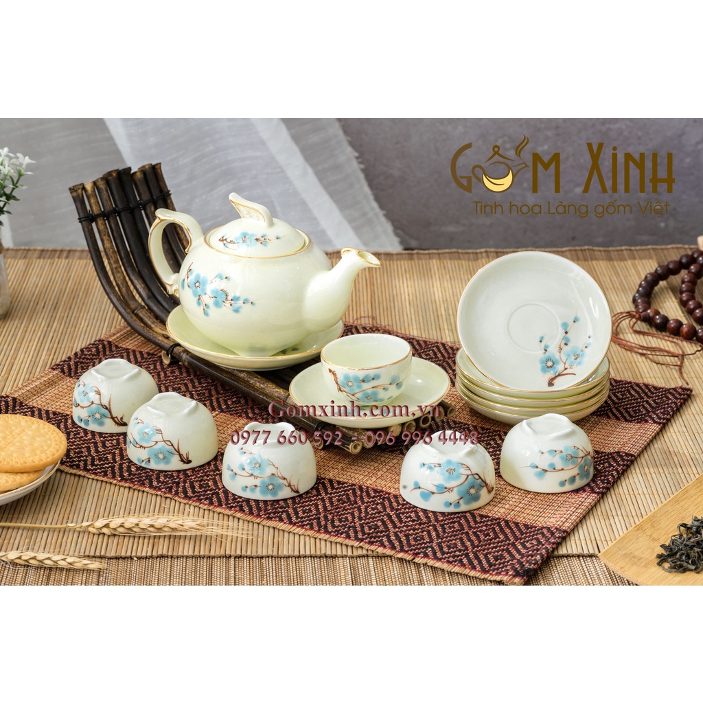 ấm chén Bát Tràng_Bộ trà ba chân Công men kem vẽ hoa đào vàng kim