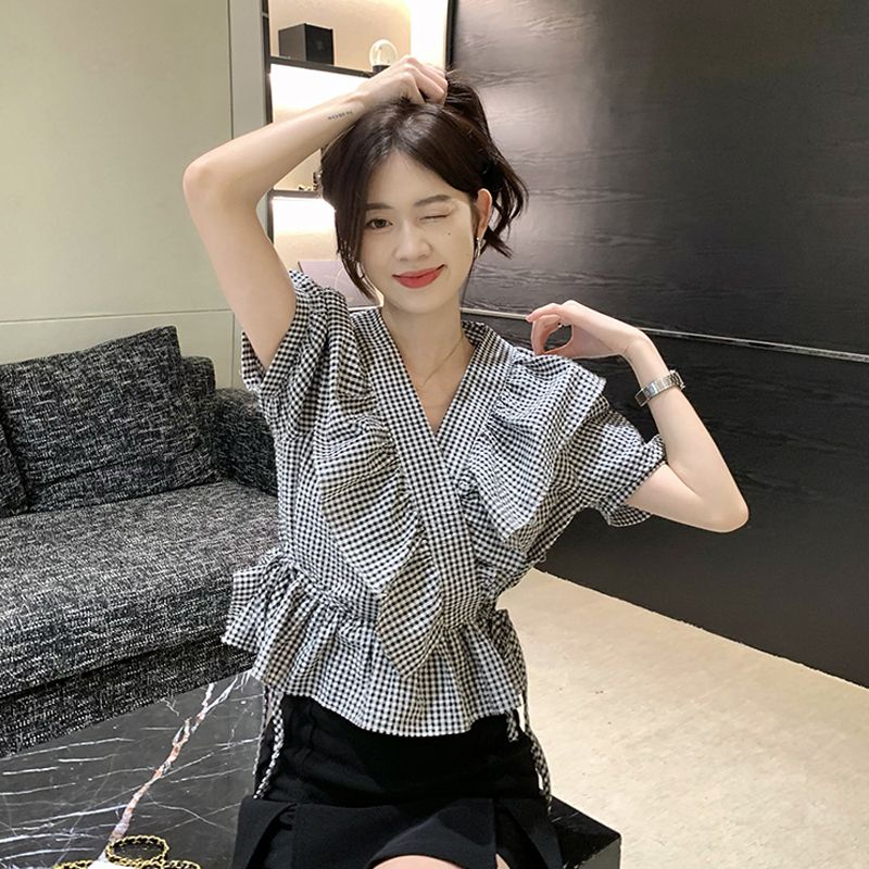 Áo Sơ Mi Ngắn Cổ Chữ V Phối Bèo Thời Trang Mùa Hè 2022 Mới