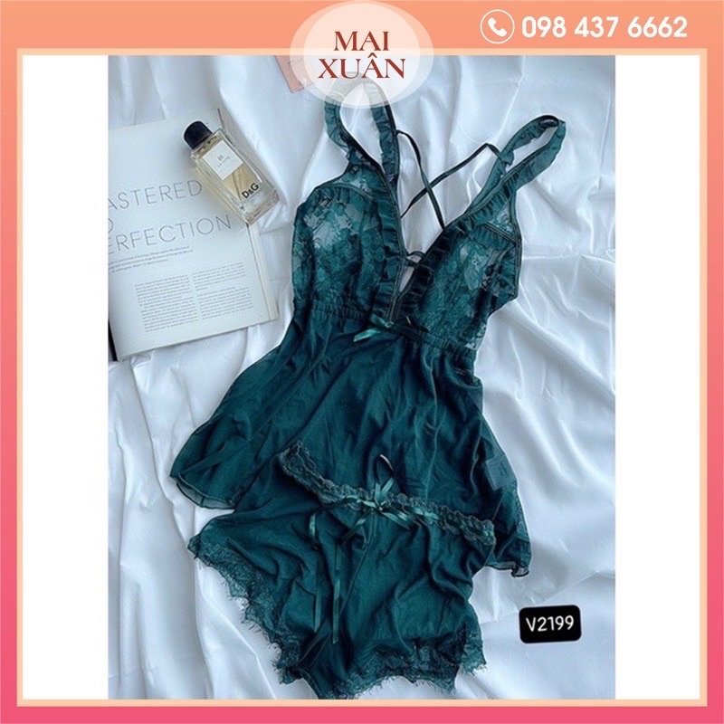 Váy ngủ 2 dây cao cấp viền ren ngực sexy gợi cảm kèm quần chip lọt khe-Kho Sỉ Mai Xuân