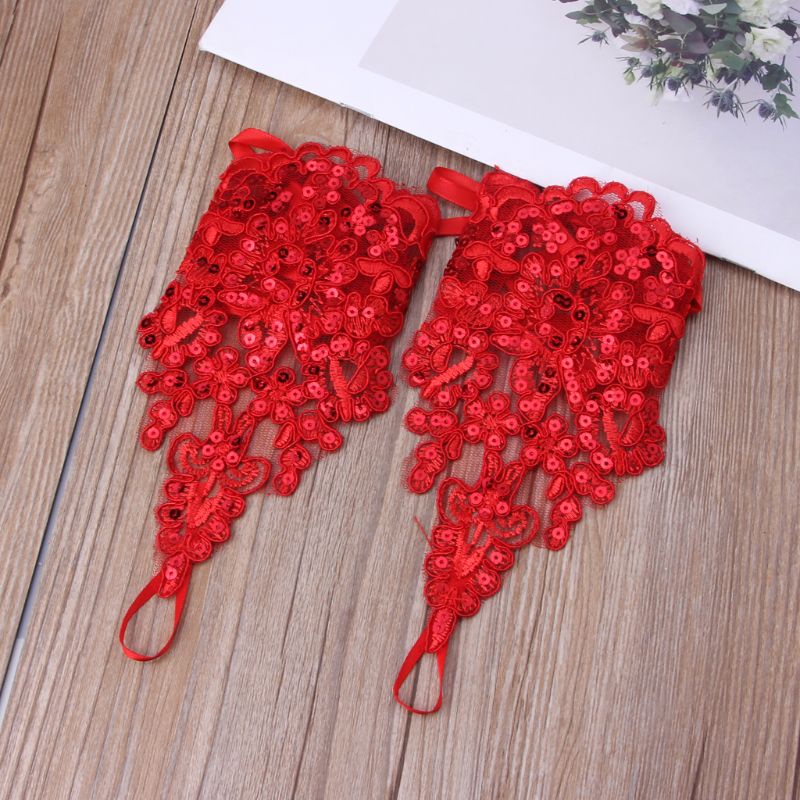 Găng Tay Cô Dâu Hở Ngón Thêu Hoa Phối Ren Rỗng Màu Trắng