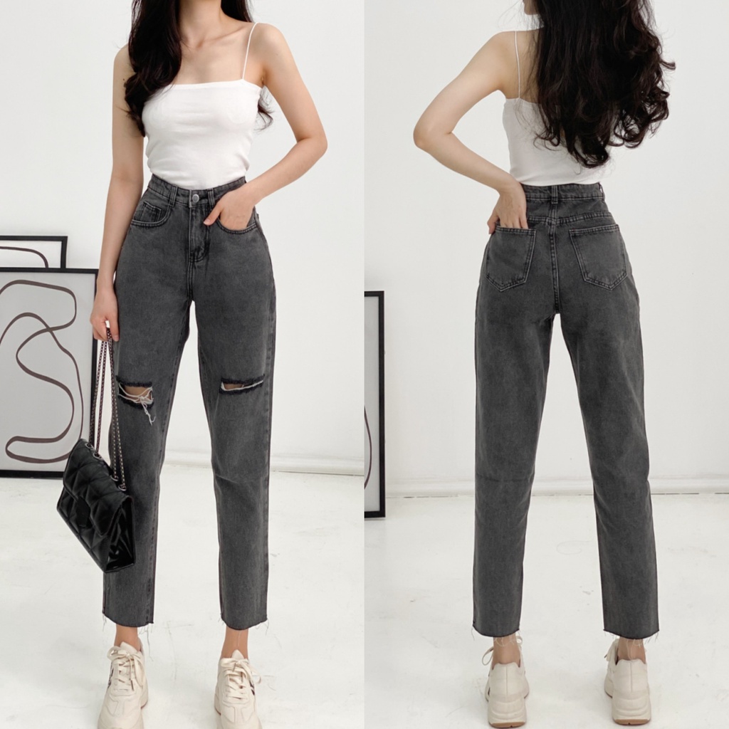 Quần jean baggy cắt hai bên đùi lai cắt, quần bò lưng cao thời trang nữ ulzzang Hàn Quốc VM STYLE 21QJB10HH2204