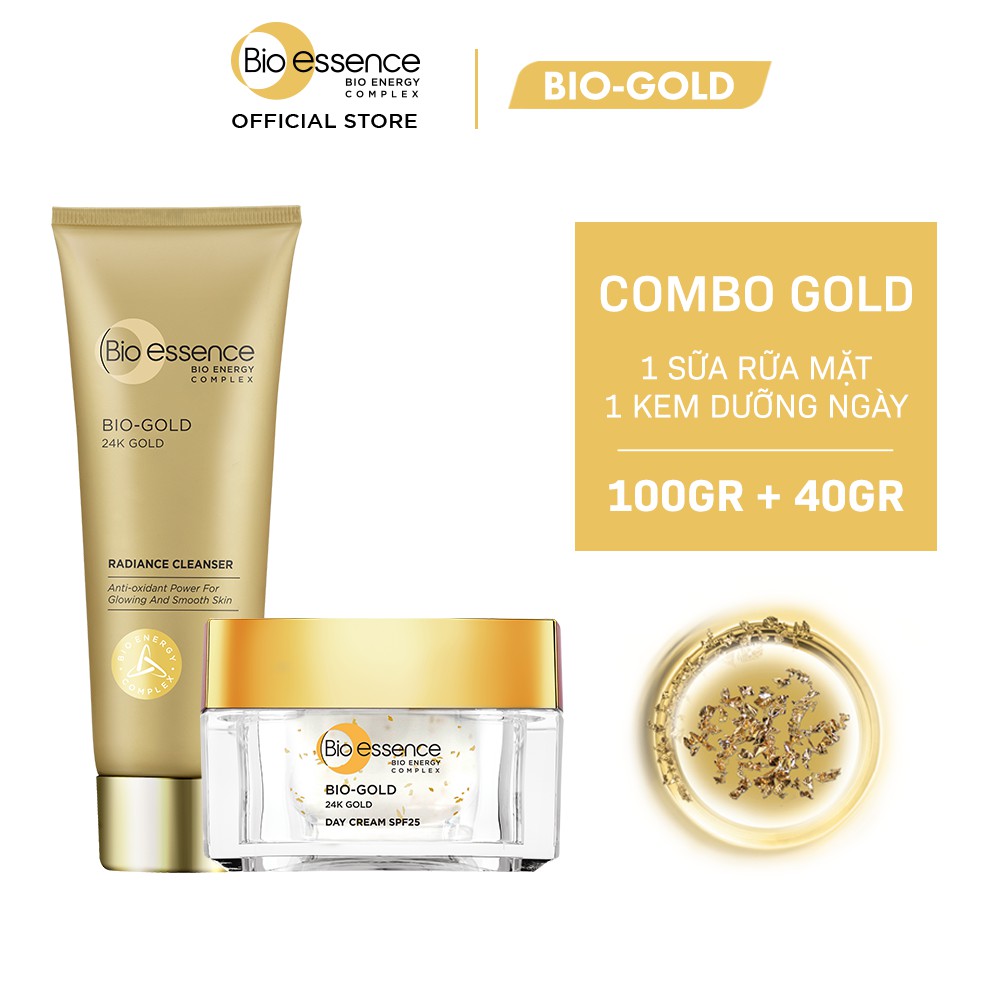 [Mã BIOEWHITE giảm 70K đơn 429K] Bộ sản phẩm Bio-Essence Bio-Gold (Sữa rửa mặt 100gr + Kem dưỡng ban ngày 40gr)