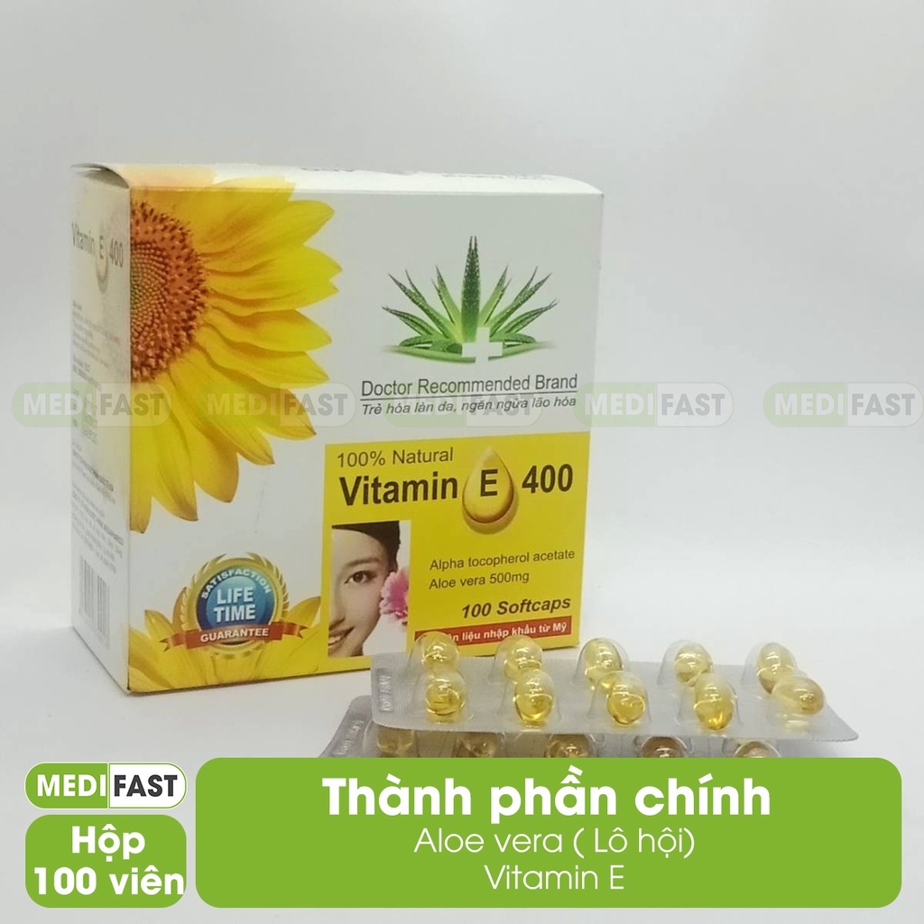 Viên uống Vitamin E 400 Giúp làm đẹp da, giảm lão hóa - Hộp 100 viên.