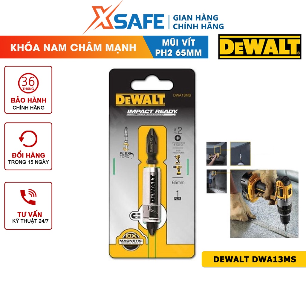 Mũi vít từ tính Dewalt DWA13MS, mũi vít PH2 x 65mm Dewalt có khóa nam châm 13mm, chất liệu thép Cro cao cấp - CHÍNH HÃNG