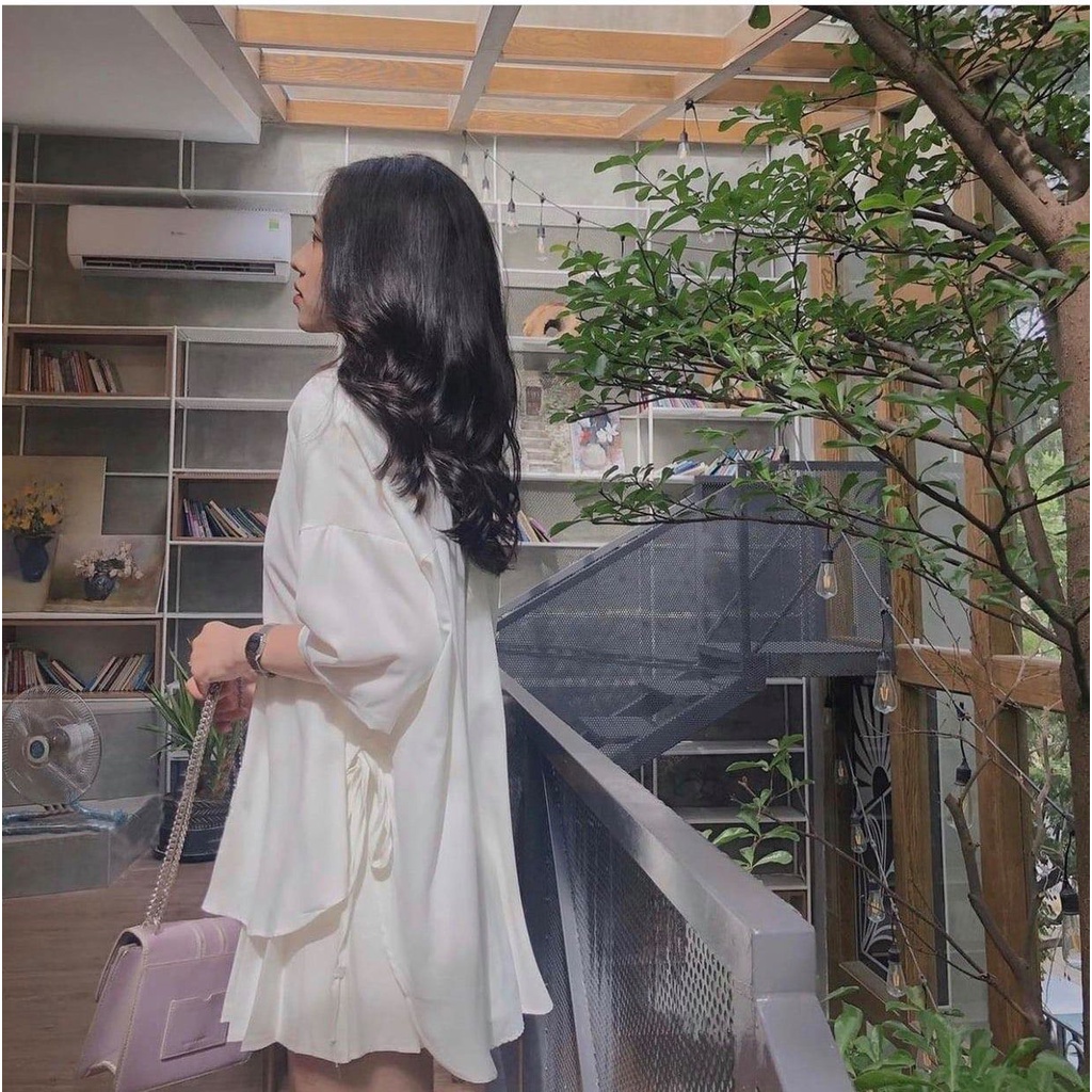 Áo Sơ Mi Nữ form rộn thắt nơ bên lụa hàn đẹp tay lỡ ulzzang vintage hàn quốc cao cấp trơn WIKISHOP C422