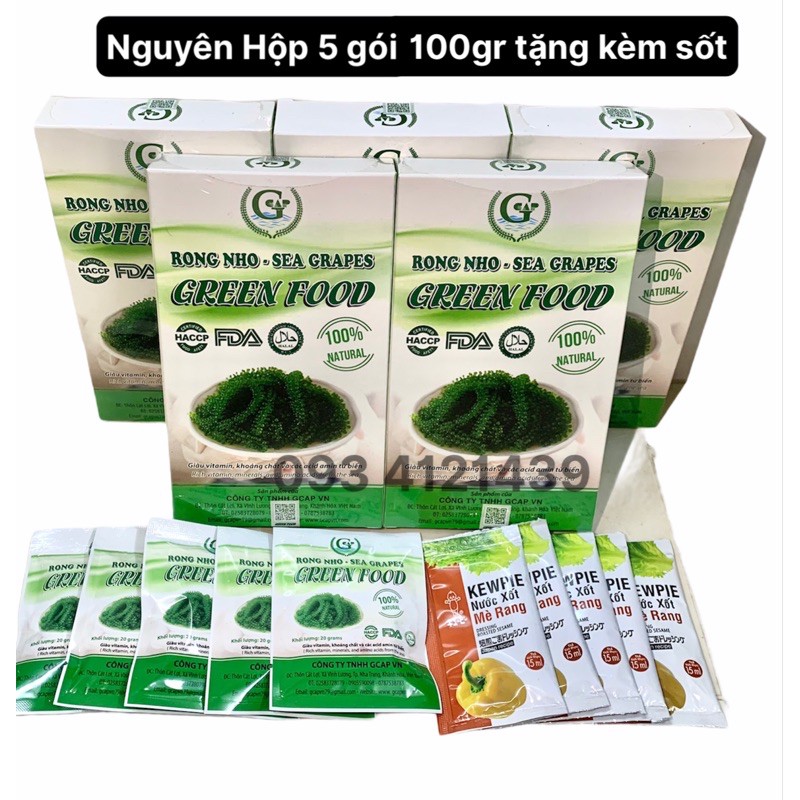 Nguyên Hộp 100gr ( 5 túi ) Rong nho Green food + Tặng 5 gói sốt mè rang Hàng công ty check mã vạch Bao ngon không tanh