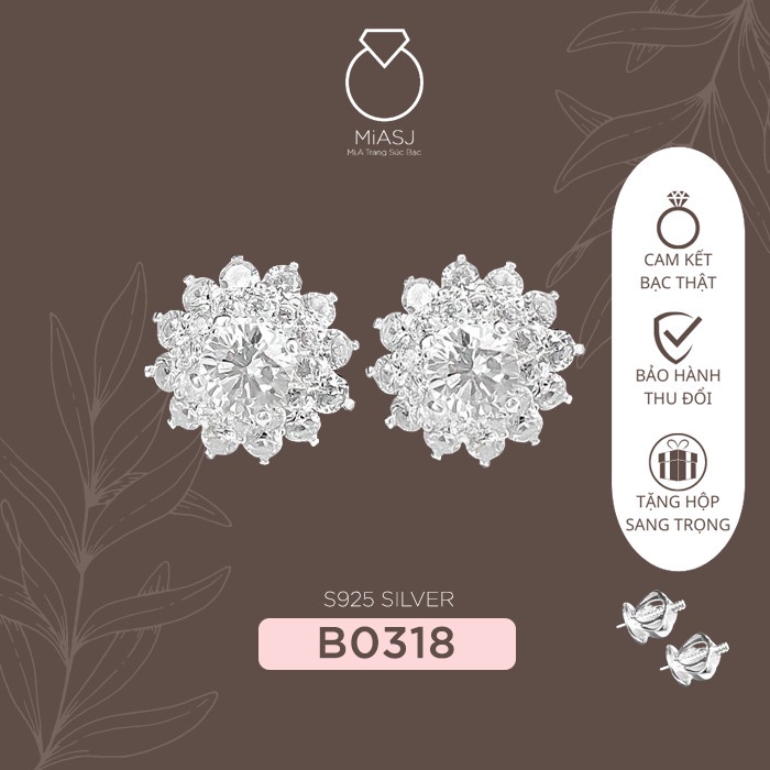 Bông khuyên tai nữ Bạc Ý S925 đá Cz cao cấp chốt vặn miễn phí xi kim B0318| Mi.A Trang sức bạc