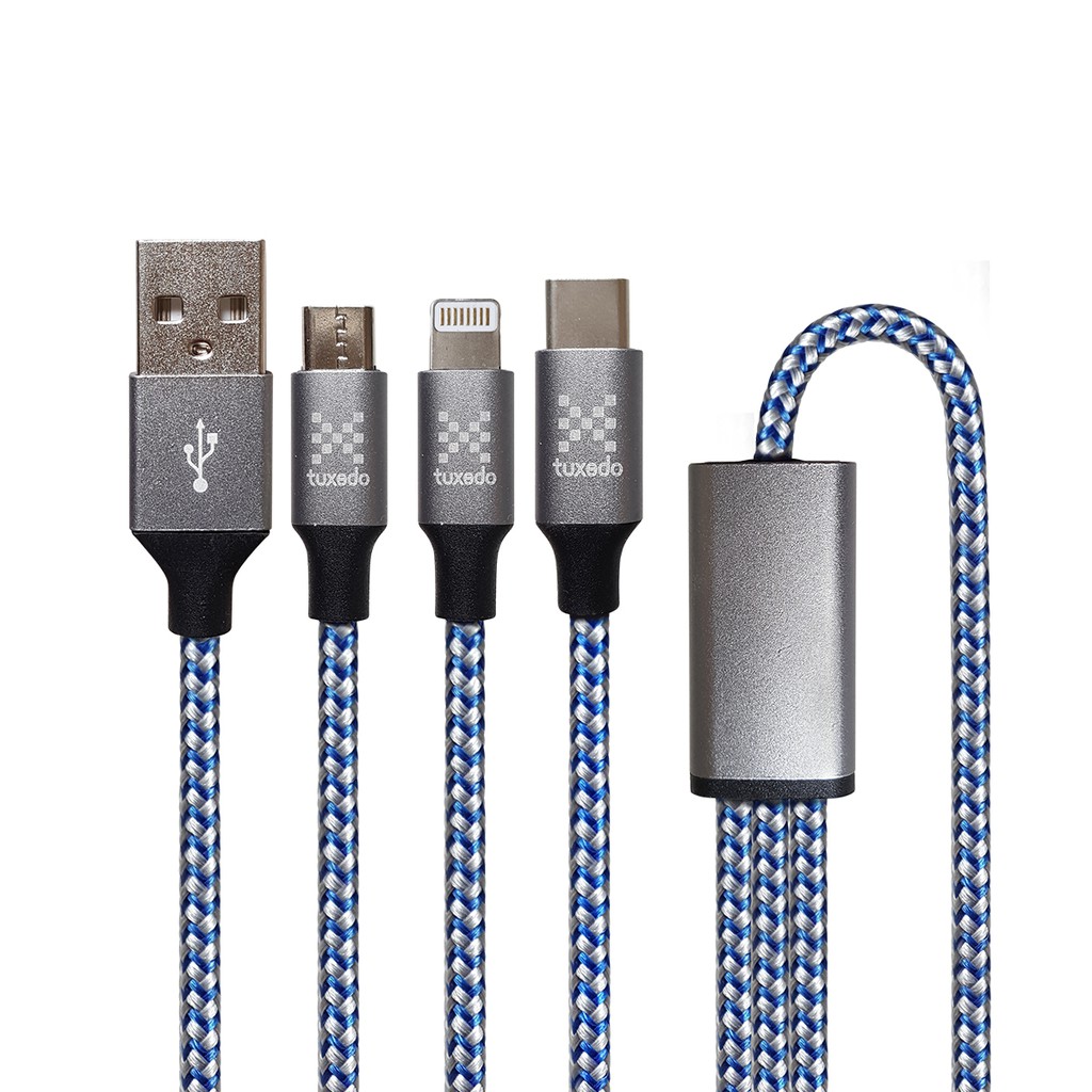 Cáp sạc điện thoại TC-01, 3 in 1 bọc dù, dài 1.2m, 1 đầu Micro USB, 1 đầu Lightning, 1 đầu Type-C