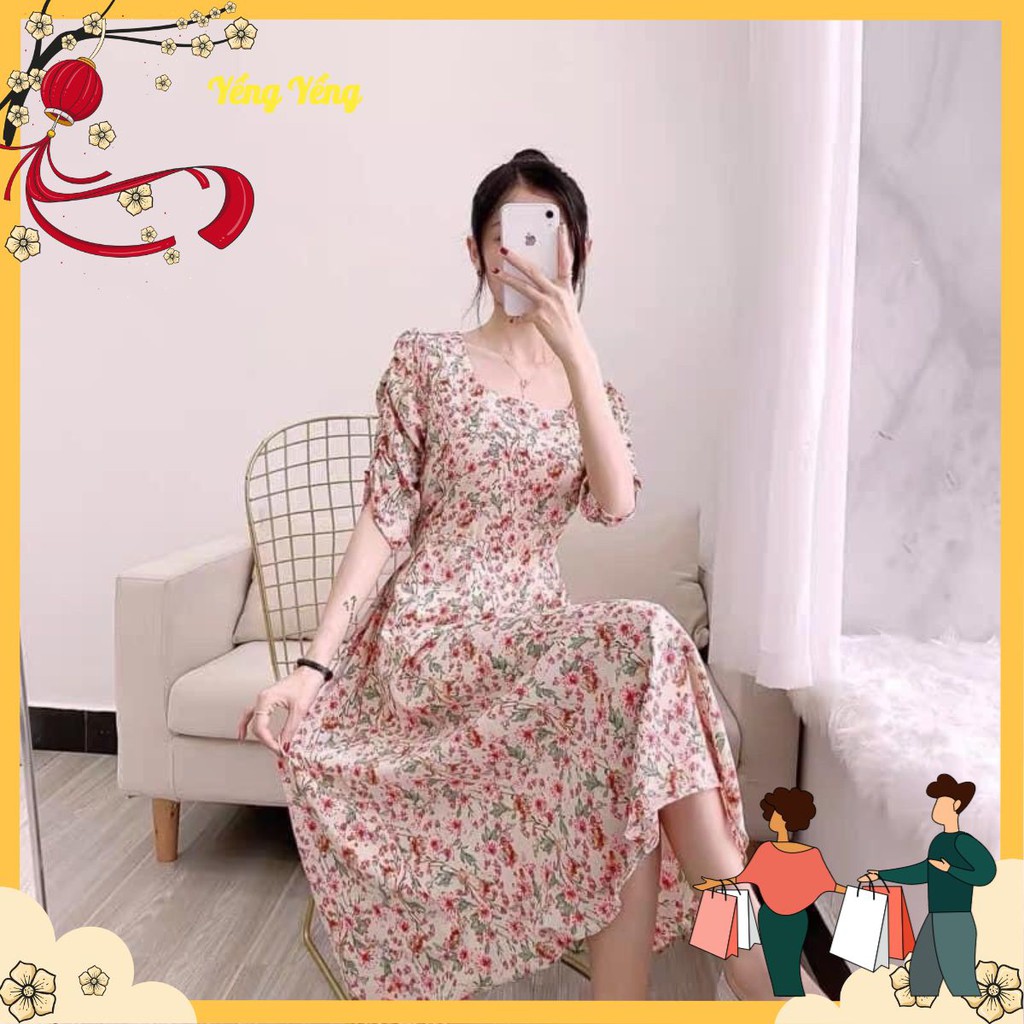 VNU220 - VÁY HOA HỒNG LÁ XANH CỔ VUÔNG TAY NHÚN