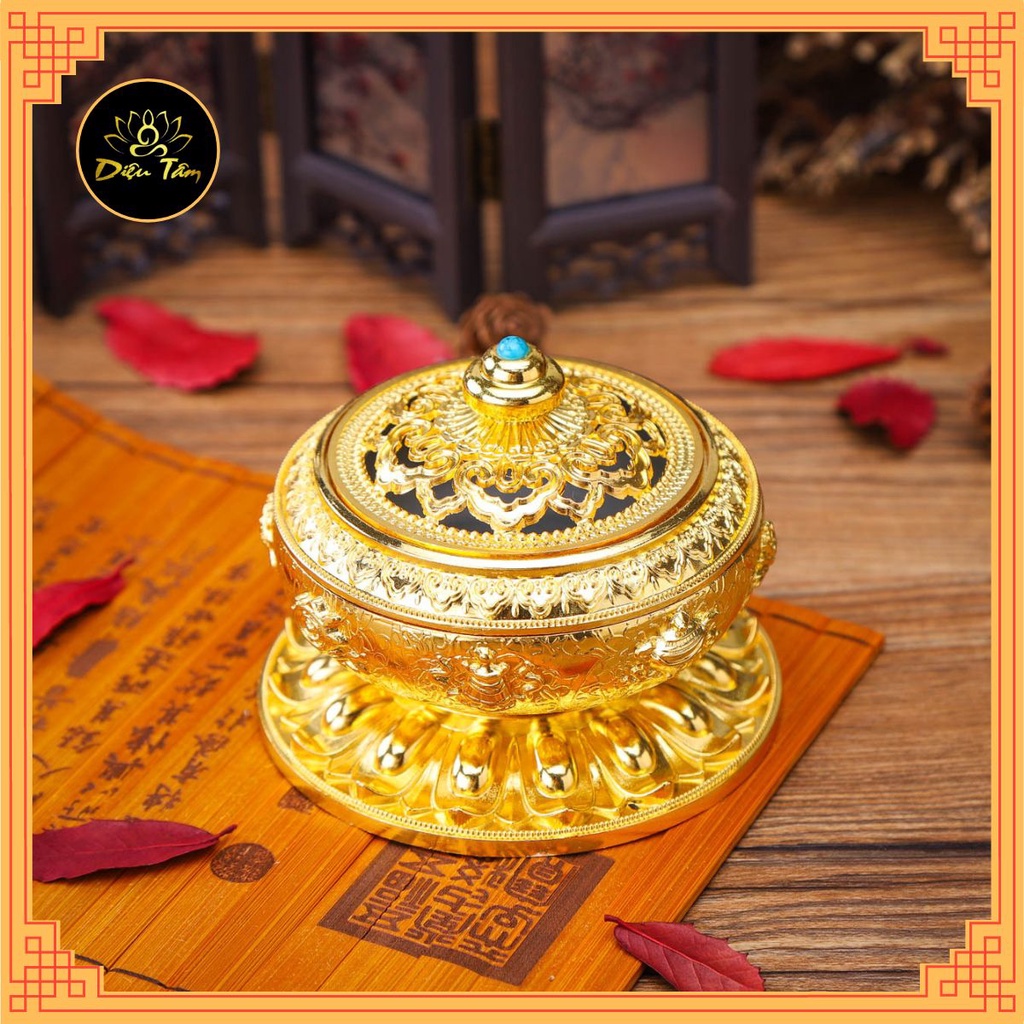 Lư xông trầm hương khắc hình bát bảo cát tường, tặng một hộp trầm nụ và trụ cắm nhang vòng.