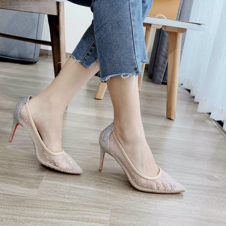 Giày louboutin lưới đá mũi nhọn gót7p ‣ :))