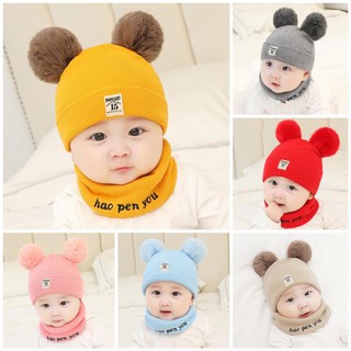 Mũ len cho bé - Set Mũ len hai quả bông kèm khăn ống siêu yêu cho bé
