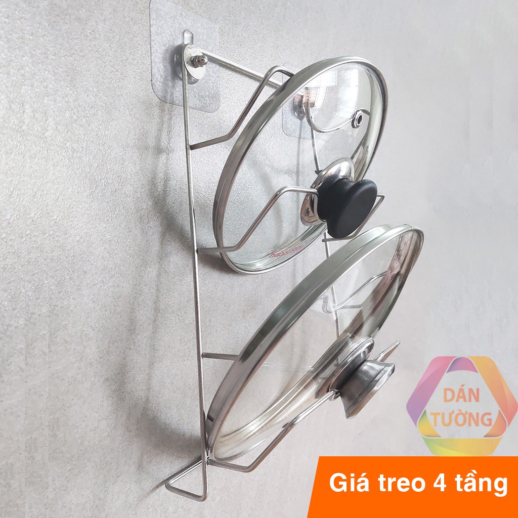 Giá treo nắp nồi inox dán tường 4 tầng, giá kệ treo nắp vung xoong nồi bộ dụng cụ nhà bếp tiện lợi có sẵn miếng dán -TNN