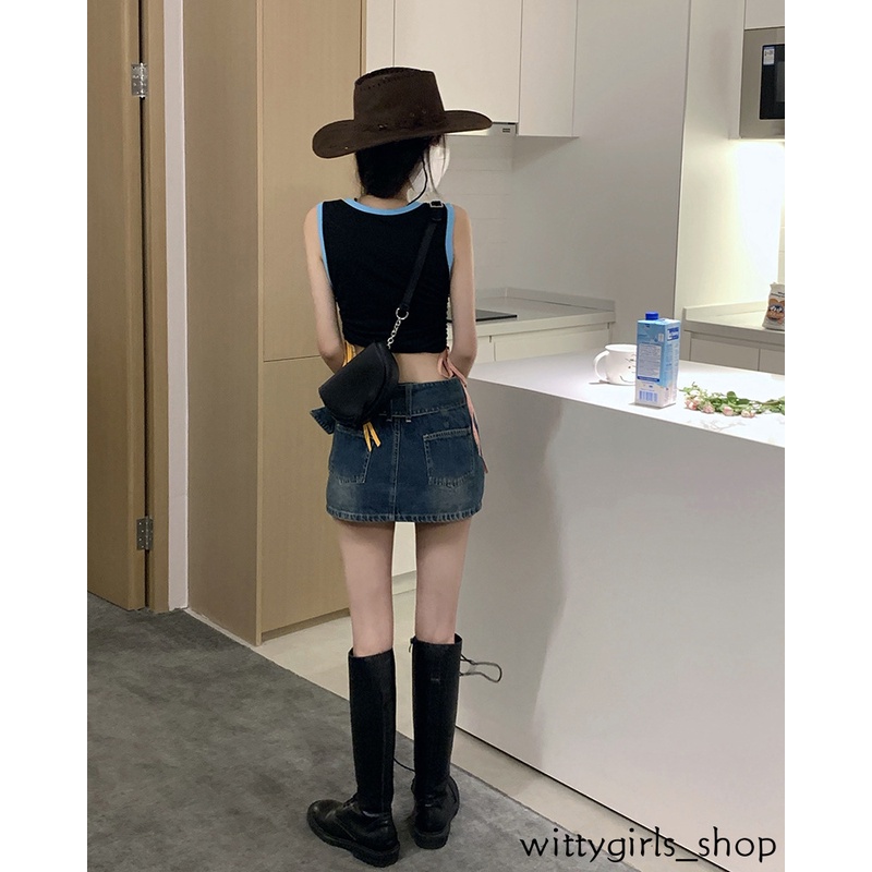 Wittygirls-quần Short Denim Lưng Cao Màu Trơn Dáng Ôm Vừa Vặn Với Thắt Lưng Bản Rộng Cho Nữ