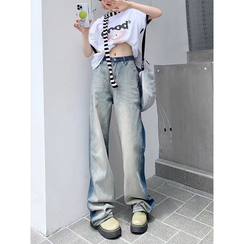Quần Jean Ống Rộng Lưng Cao Màu Sắc Gradient Phong Cách Đường Phố Mỹ Thời Trang Mùa Hè Cho Nữ