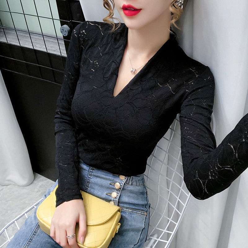 Áo Nữ Tay Dài Cổ Chữ v Phối Ren Thời Trang Quyến Rũ